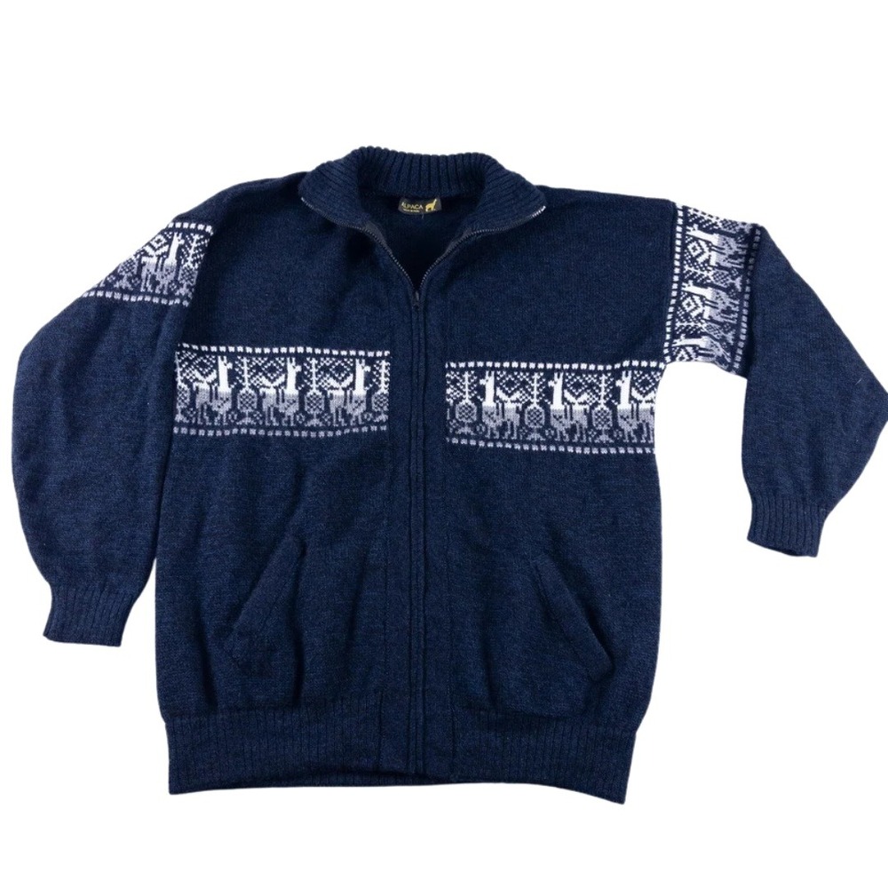 Handmade Alpaca Cardigan Mens XL Blue Full Zip Fair Isle Nordic Llama Sweater